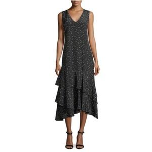 LAFAYETTE 148 Bird Print Midi Dress Womens XS Black Taurina Painterly Herons NEW